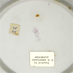Derby coffee cup and large saucer, pattern 119, c.1795, the apricot ground decorated with gilt teardrop motifs and intricate Vandyke boarder, with crown, D mark and crossed batons in puce to base, decorator's mark no. 2 for Joseph Stables