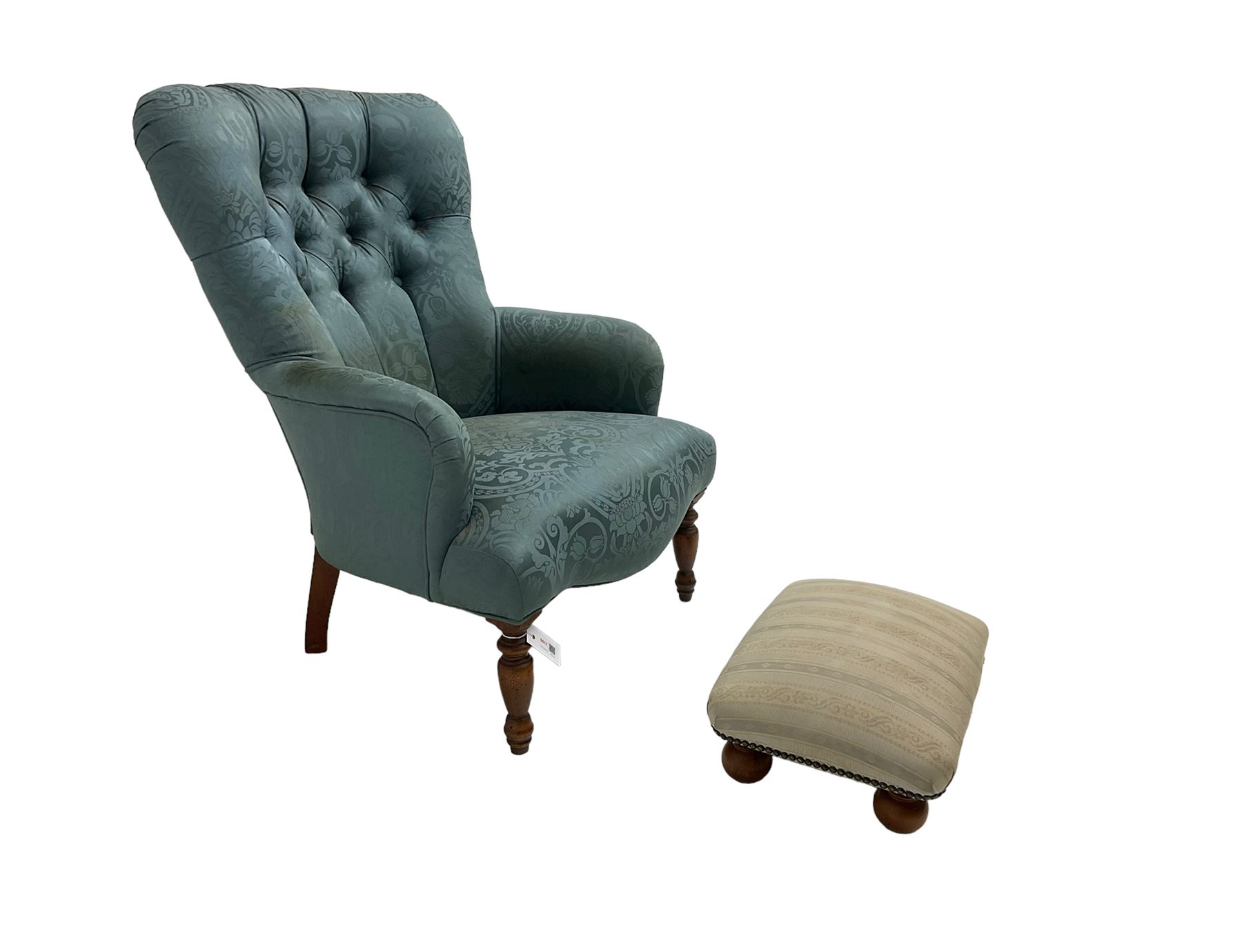 Victorian style bedroom chair in buttoned upholstry and a rectangular upholstered footstool