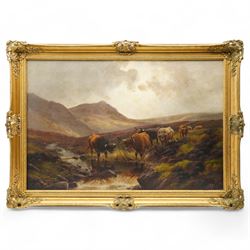 Henry Robinson Hall (British 1859-1927): Highland Cattle, oil on canvas signed 60cm x 90cm