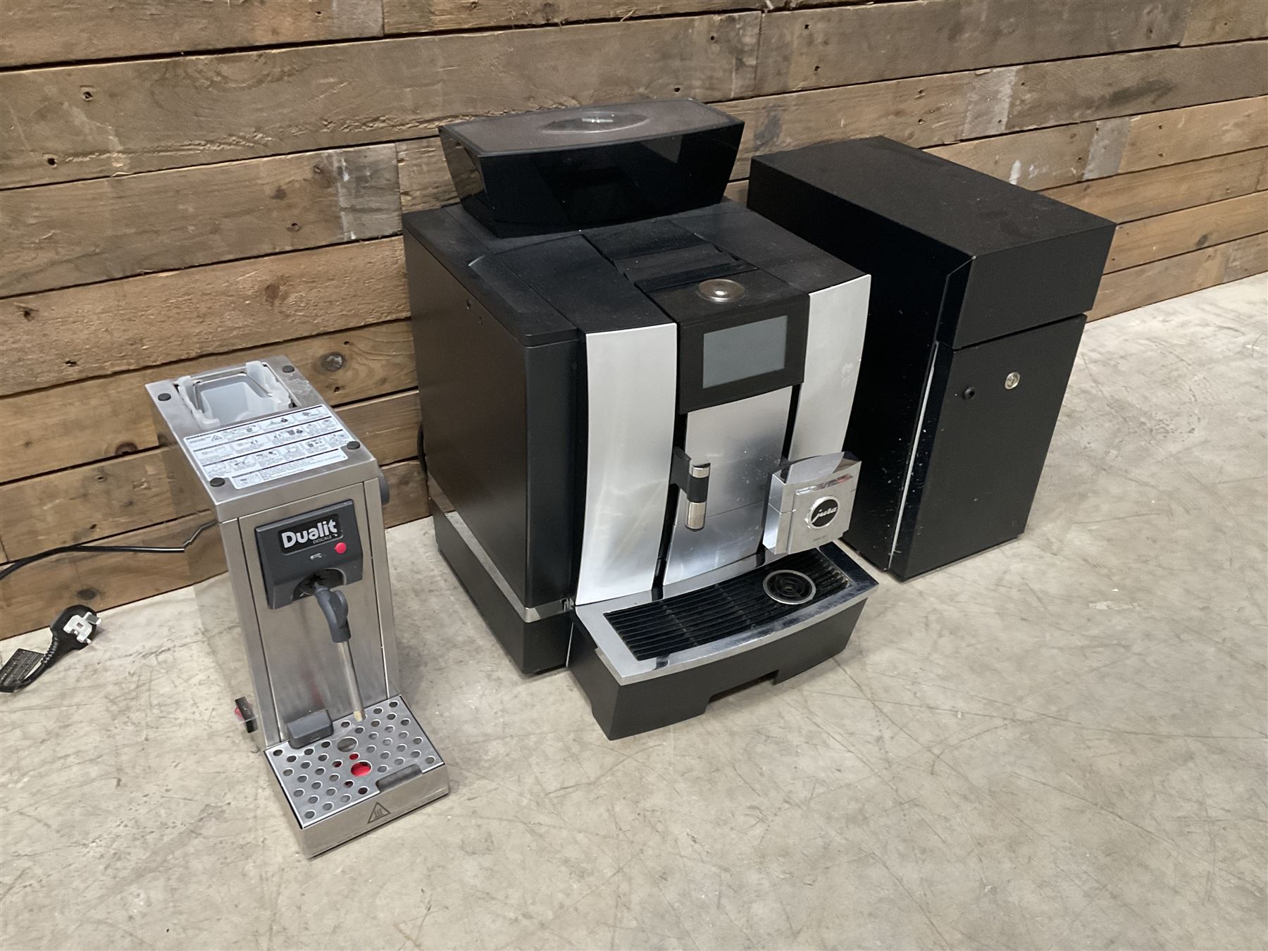 Jura GIGA X3 commercial coffee machine, Dualit Milk Frother and a Milk cooling cabinet, with other accessories