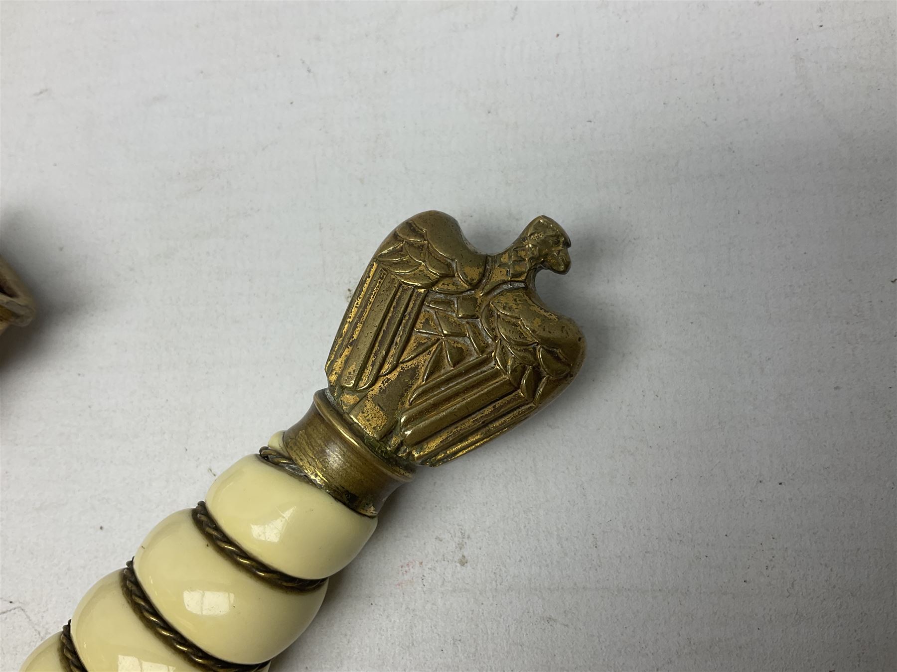 WW2 German kreigsmarine style dagger composed from various age parts, the post-war 25cm double fullered blade  with etched decoration and inscribed WKC with knight's head; in gilt brass scabbard with two rings L42cm overall