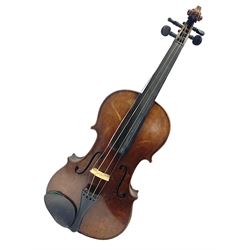 German trade violin c1900 with 35.5cm two-piece maple back and spruce top; bears label 'Made in Germany Apollo Class 6 No.2132' L59cm; in carrying case with two bows