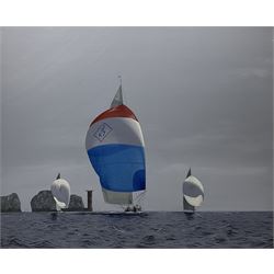 James Miller (British 1962-): J Class Yachts 'Ranger' 'Velsheda' & 'Rainbow' passing the Needles 2012, oil on canvas signed, titled verso 75cm x 90cm