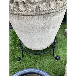 Large cast stone garden urn on wrought, cast iron base, with cast stone bird bath, planters and glazed pots - THIS LOT IS TO BE COLLECTED BY APPOINTMENT FROM DUGGLEBY STORAGE, GREAT HILL, EASTFIELD, SCARBOROUGH, YO11 3TX