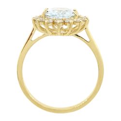 18ct gold oval cut aquamarine and round brilliant cut diamond cluster ring, stamped, aquamarine approx 1.90 carat, total diamond weight approx 0.50 carat