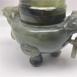 Two piece Chinese censer, sculptured hardstone, with ring and dragon-head handles and foo dog finial , H21cm