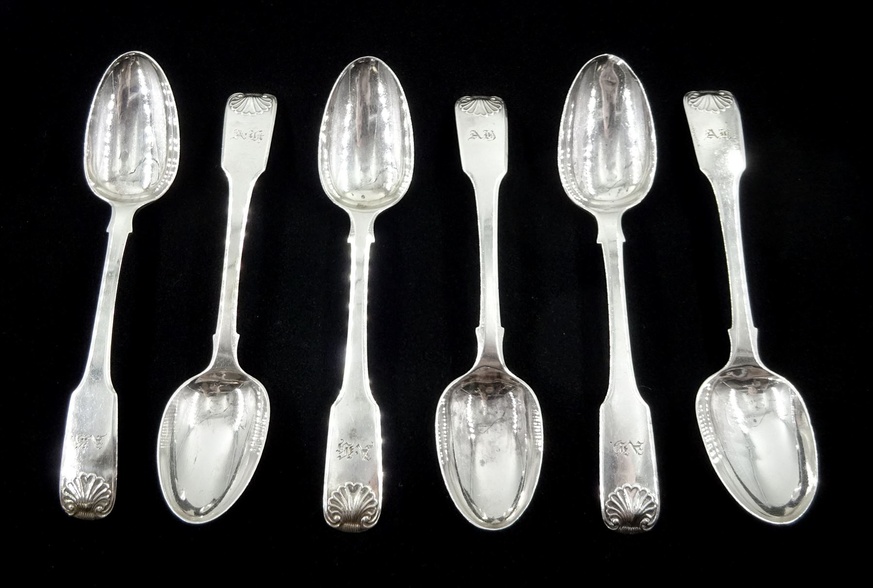 Set of six George IV provincial silver teaspoons, Fiddle pattern with cast scallop shell terminals by Edward Jackson, York 1821, approx 5.4oz
