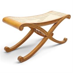And So To Bed - cherrywood 'Louis XV' caned bench, caned top above an X-frame united by tu...