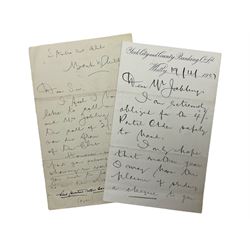 Hirst Walker (Staithes Group 1868-1957): two handwritten letters to fellow Staithes Group member Robert Jobling (1841-1923). 
The first, on York City and County Banking Co Ld Whitby headed paper, inscribed 'Dear Mr Jobling, I am extremely obliged for the 4/- postal order safely to hand. I only hope that another year I may have the pleasure of sending a cheque to you for pictures sold. I am sure you and Mrs Jobling have been most loyal to the Staithes Art Club. Faithfully yours, Hirst Walker.' 
The second being a copy of the Staithes Art Club Statement of Accounts for 1907, inscribed 'Dear Sir, I feel I hardly like to call on you and Mrs Jobling for the call of 2/- back now due from members of the Club. However - as you both paid your subscription - (tho' showing no work) - I feel you wish to be treated as are the other members. We have had another bad year. I hope that some entirely fresh arrangement mat be made for a future show; and that you and Mrs Jobling will contribute a full number of pictures. Yours faithfully, Hirst Walker. See inside.'