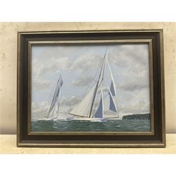 George Drury (British 1950-): 'Lulworth and White Heather II off Cowes 1927', oil on board signed, titled verso 29cm x 38cm 