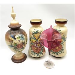 A late 19th century Jack in the Pulpit glass vase, with clear foot rising to a flared cranberry trumpet with wide rim, H33.5cm, together with a Victorian opaque glass vase and cover hand painted with a blue tit and fruiting vine, H45cm, and a pair of Victorian opaque glass vases hand painted with flowers, H4cm. 