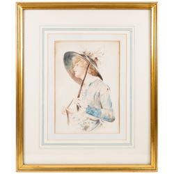 F Johnson (British 19th/20th Century): Portrait of a Lady and her Hat, watercolour signed 33cm x 24cm 