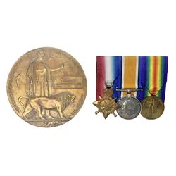 WW1 KIA group of three medals comprising British War Medal, 1914-15 Star and Victory Medal together with bronze Memorial Plaque named to G-13 Pte. F.G. Hodges R. Suss. R.; with ribbons; displayed on modern board for wearing; some biographical details