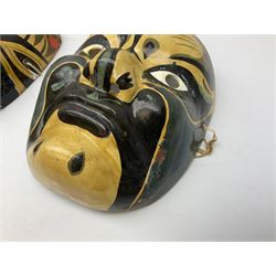 Five Japanese theatre / opera masks, the papier-mâché traditionally painted in the Noh Kabuki style, L18cm