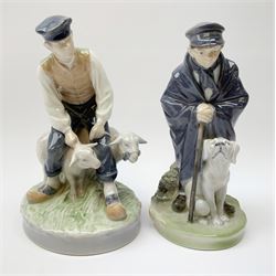 Two Royal Copenhagen figures, the first example modelled as a Shepherd and two sheep, model no 627, H19cm, the second example as a Shepherd and dog, model no 782, H18.5cm.
