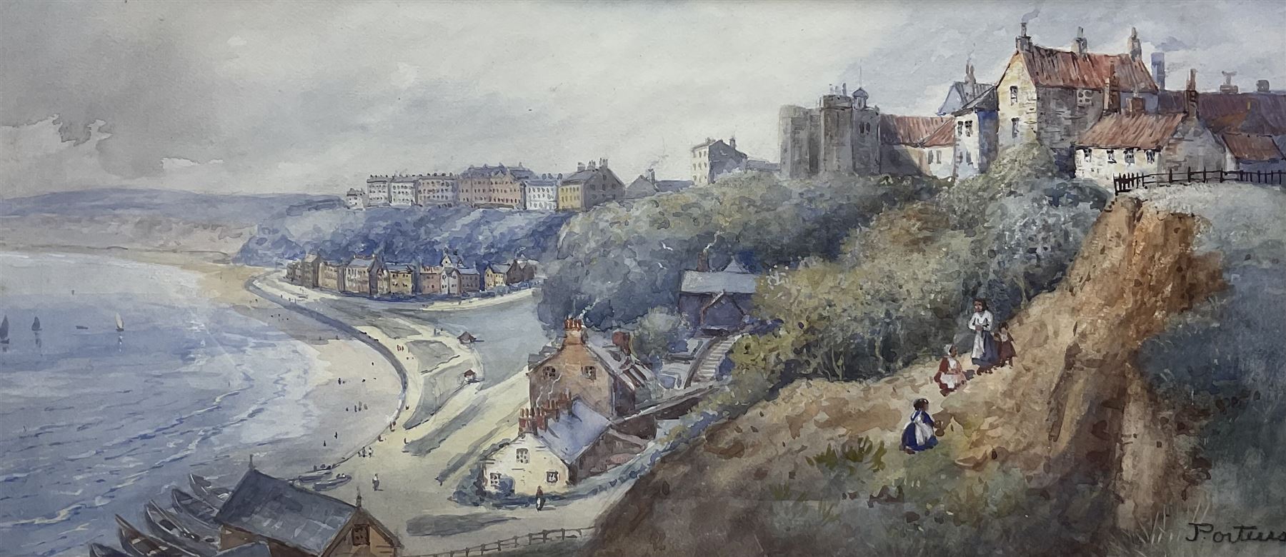 J Porteus (Northern British 19th/20th century): View of Filey, watercolour signed 24cm x 53cm