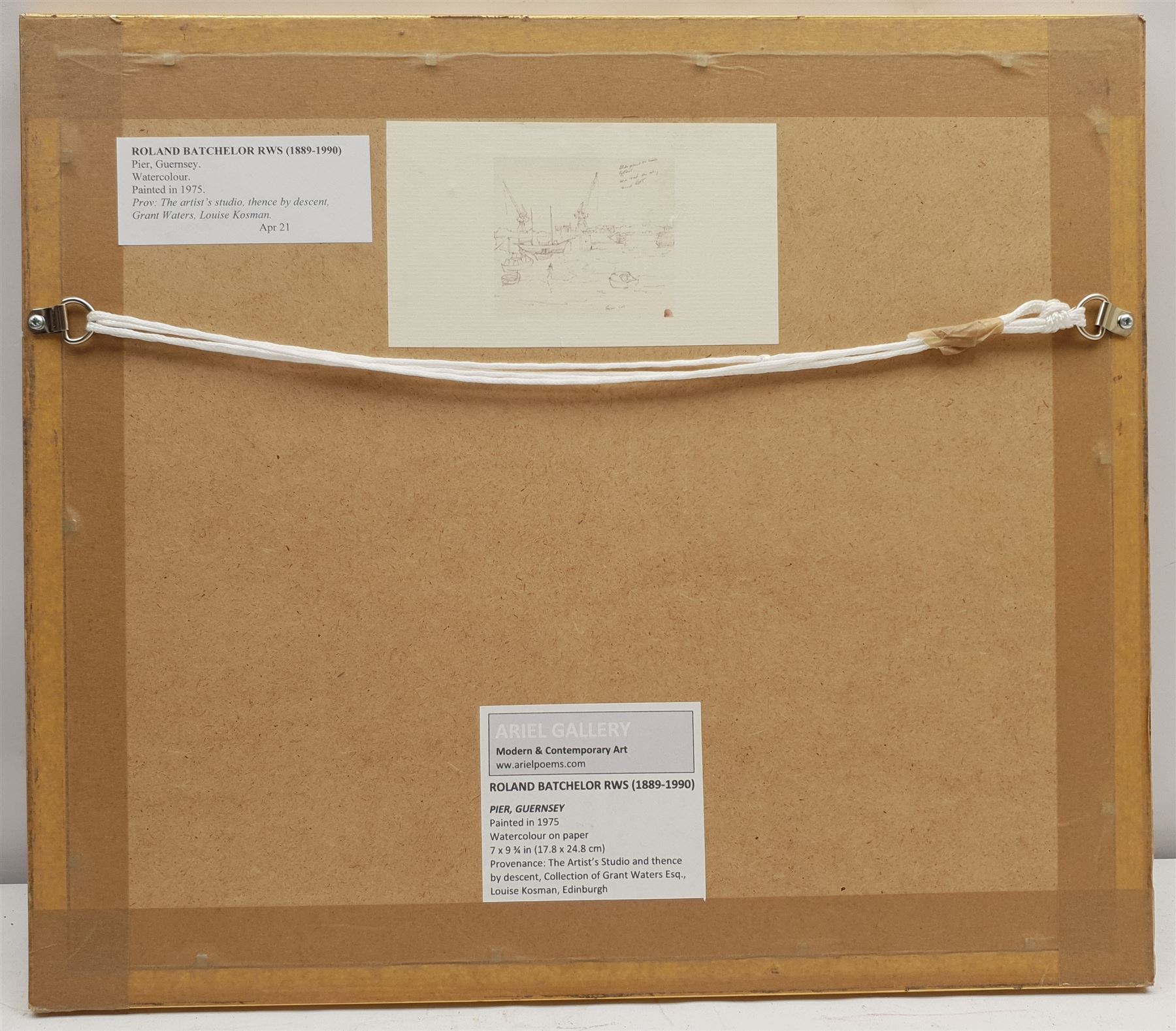 Roland Batchelor RWS (British 1889-1990): 'Pier Guernsey', watercolour and ink unsigned, painted in 1975, 17cm x 24cm 
Provenance: artist's studio; collection of Grant Waters; with Louise Kosman, Edinburgh; then with the Ariel Gallery, Lavenham, where purchased by the vendor