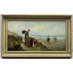 Paul Huguenin Virchaux (Swiss 1870-1919): Fishergirls on the Shore, pair oils on canvas signed 34cm x 64cm (2)