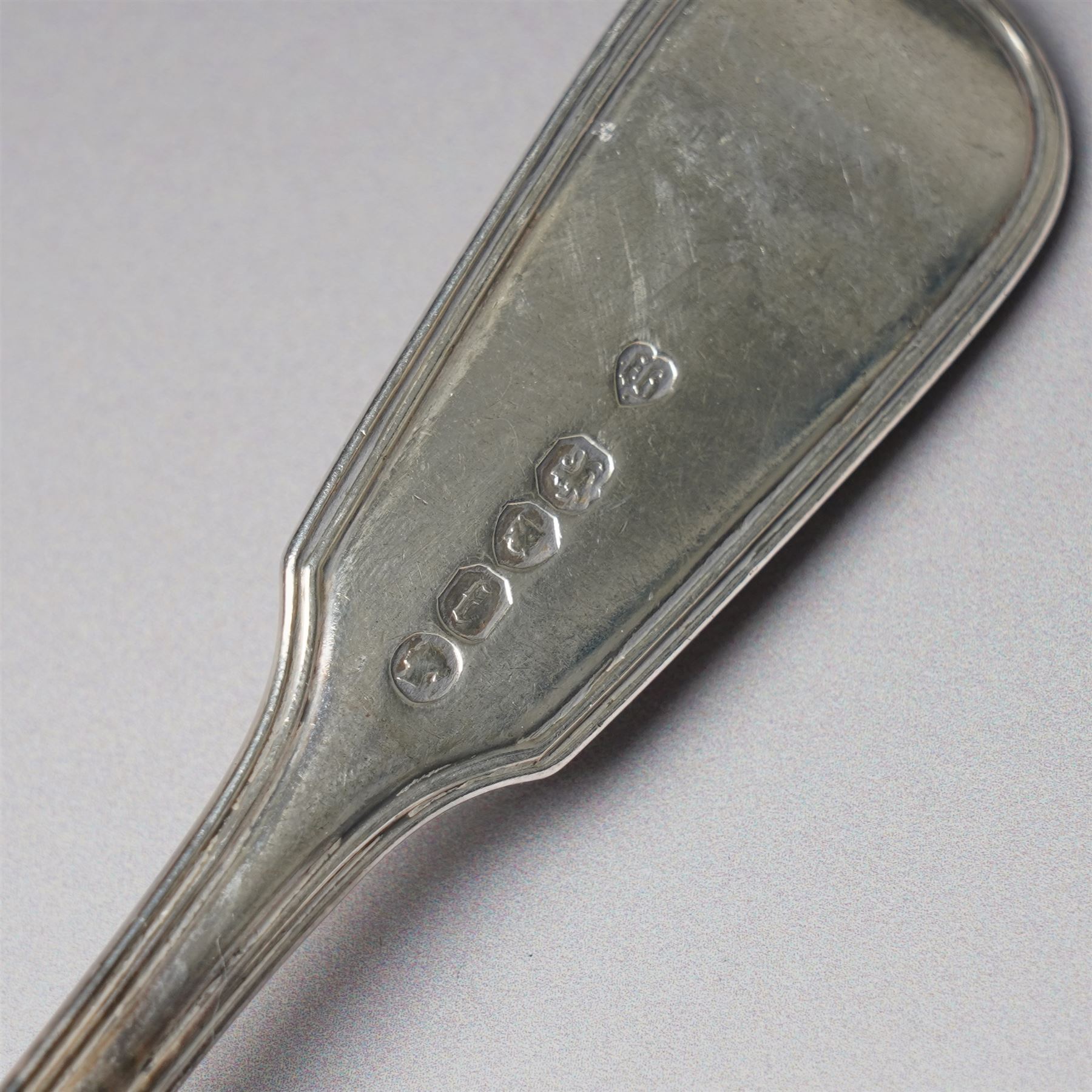 Set of four Victorian silver fiddle and thread pattern table forks engraved with a monogram London 1861 Maker The Portland Company