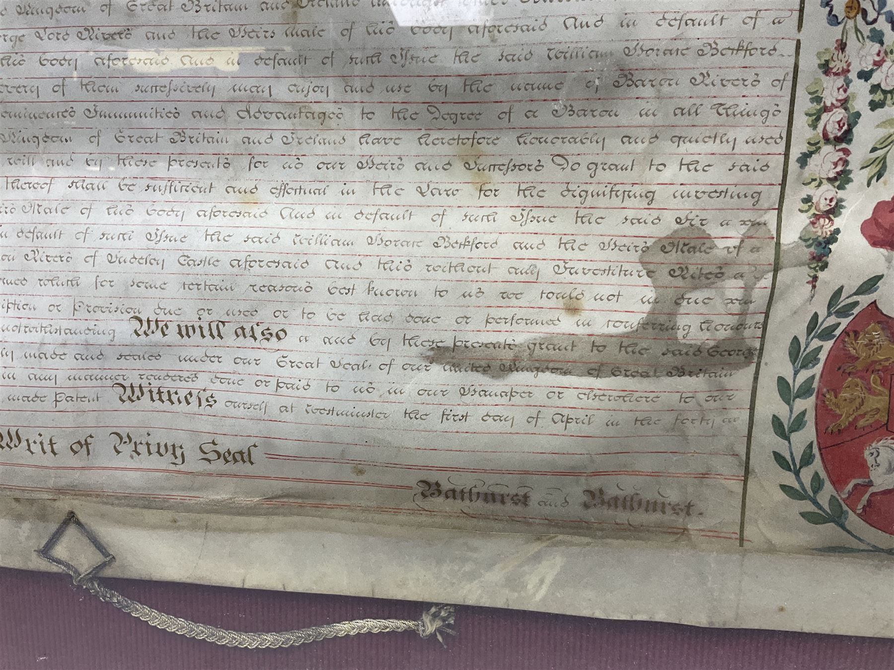 Large 18th century framed and glazed Indenture for King George III to George Rivers, Lord Rivers of Straths Saye, including frame H92.5cm L107.5cm