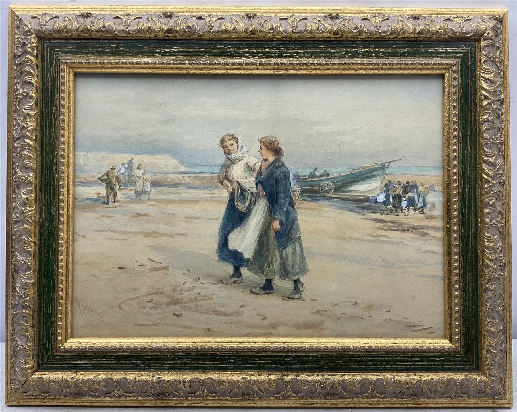 Robert Jobling (Staithes Group 1841-1923): Fisherfolk on the Beach at Cullercoats, watercolour signed 25cm x 36cm