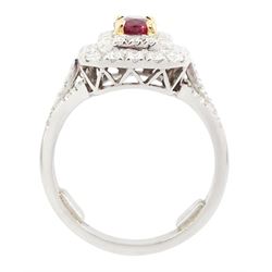 Platinum ruby diamond cluster ring, single oval cut ruby  in a four claw 18ct rose gold setting of approx 1.02 carat, surrounded by two rows of round brilliant cut diamonds and split diamond set shoulders, London 2017, total diamond weight approx 0.76 carat, with Alan Poultney Gems report