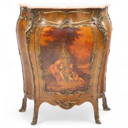 Early 20th-century Louis XV revival Vernis-Martin style bombe-shaped kingwood cabinet, serpentine-shaped variegated Breccia Pernice marble top with moulded edge, the front panel decoration with a painted romantic pastoral scene, interior with two shelves, flanked by gilt bronze masks, sides with diagonally book-matched veneer, bordered by gilt bronze scrolling acanthus mounts, raised on short cabriole form legs with gilt-bronze sabots, key included 