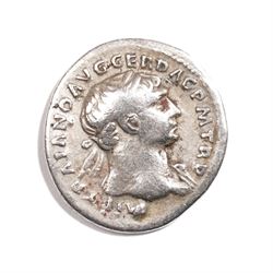 Roman Empire - Trajan (AD 98-117): Silver Denarius coin, obverse laureate head of Trajan right, legend IMP TRAIANO AVG GER DAC P M TR P; reverse Fortuna standing left, holding rudder and cornucopia, legend SPQR OPTIMO PRINCIPI; AD 103-111, Rome mint