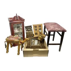 Wooden stool, modelled as a camel, with patchwork leather seat, together with another wooden stool with fabric seat, miniature wooden dresser, etc 