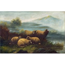 W Davis (British 19th/20th century): Sheep on the Lakeside, oil on canvas signed 50cm x 75cm