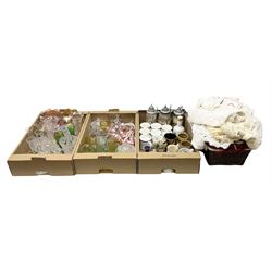 Large collection of glassware to include carnival glass, art glass paperweight, coloured glass, uranium glass, together with three covered steines, ceramic decanters etc, in four boxes 