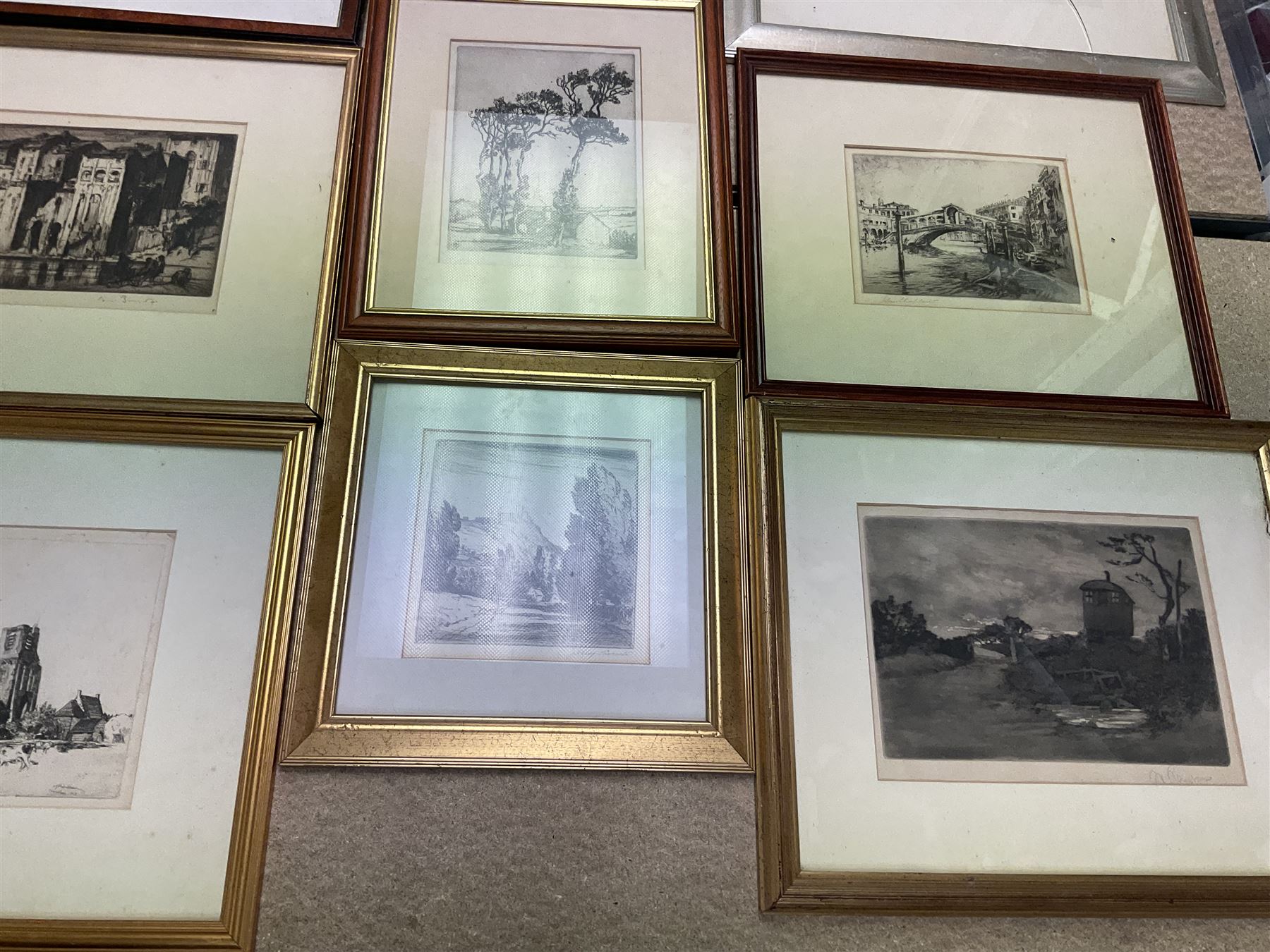 Collection of etchings, artists including Herbert Gordon Warlow, Henry Percy Huggill, David Robertson, Eliab George Earthrowl, Kevin Brown, Geoffrey Heath Wedgwood, Louis Conrad Rosenberg, Frank Brangwyn, Martin Hardie, John Shapland, Oliver Hall, Sydney Mackenzie Litten, Percy Lancaster, Willie Rawson, etc (18)