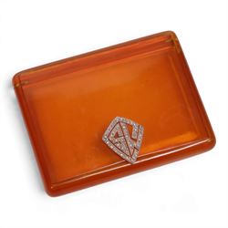 Art Deco Bakelite cigarette case, of rectangular form, the hinged lid with applied platinum monogram, millegrain set with rose cut diamonds