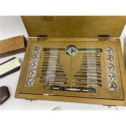 Various tools including boxed set of taps and dies, hand drill, set square, feeler gauges, micrometer screw gauge, steel rules, drawing instruments etc