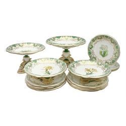 Late 19th century Davenport dessert service comprising two comports, two tazzas, and nine plates, each hand painted with assorted floral sprays, with printed marks and pattern number beneath, tallest comport H20cm, plate D22cm


