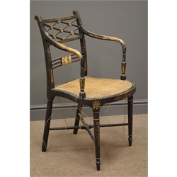  Sheraton style painted armchair, four turned supports with X-shaped stretcher, cane seat, W52cm  
