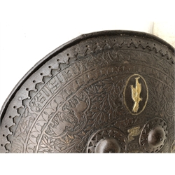  Tibetan metal circular shield, with four sun burst bosses and four brass deities around a central flaming sun on an animal and foliage ground with repeating border, D44.5cm  