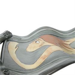 Studio pottery twin handled platter, of waved form, decorated with a female swimmer, L84cm, D22cm