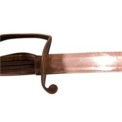 Georgian short sword, with 64cm curved single edge blade, iron guard with side loop and fluted ebony grip, with leather scabbard, L76cm