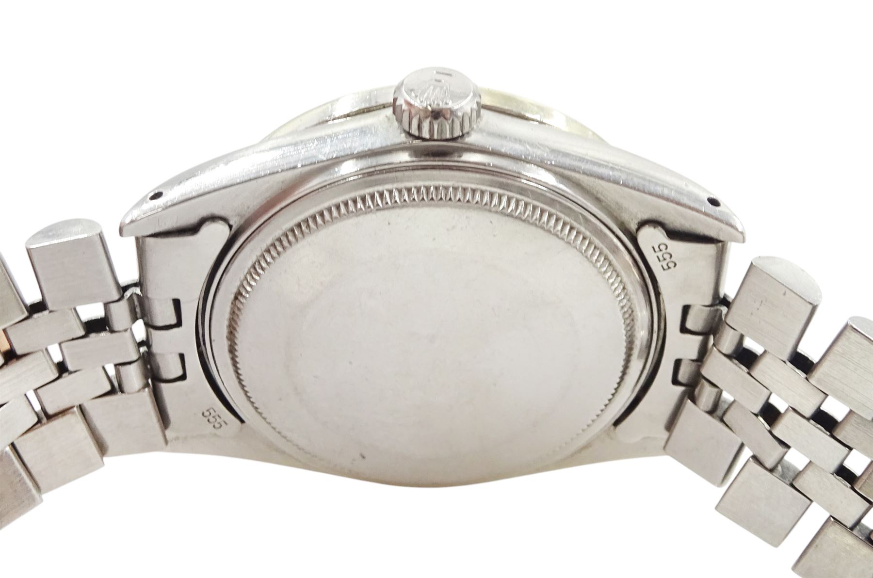 Rolex Oyster Perpetual Datejust gentleman's stainless steel automatic wristwatch, circa 1984, Ref. 16030, serial No. 8124572, after market diamond dot mother of pearl dial and diamond set bezel, on stainless steel Jubilee bracelet, with fold-over clasp