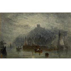 George Weatherill (British 1810-1890): Shipping in Whitby Harbour by Moonlight looking over Tate Hill Pier towards St Mary's Church, watercolour signed and dated 1875, 35cm x 54cm