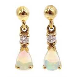  Pair of 9ct gold diamond and opal pendant earrings, stamped 375  