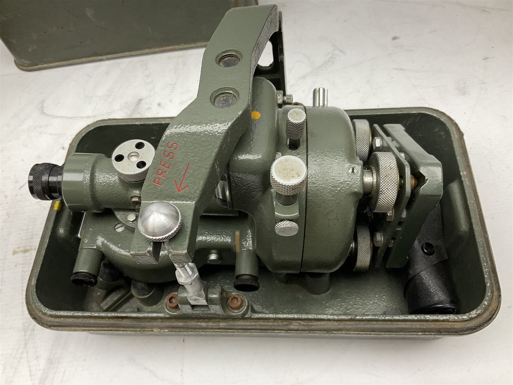 Swiss Kern K1-RA engineer's self-reducing tachymeter theodolite, serial no.197914, with metal cover; Hilger & Watts Ltd. theodolite, serial no.114671, with tool set and metal over; Cooke Troughton & Simms Ltd. tilting level, serial no.SO377O3; uncased; and mahogany hinged  measuring staff (4)