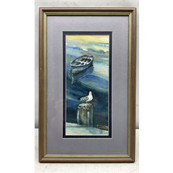 Catherine J Stephenson (Yorkshire 1967-): Seagull at Whitby Harbour and Still Life of Jars, two watercolours signed 30cm x 13cm and 19cm x 16cm (2)