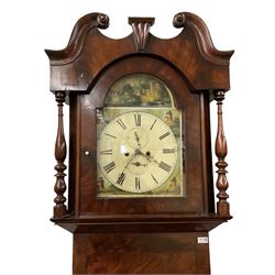 Late 19th century longcase clock in a mahogany case c 1880, 8-day movement and painted dial, with a swan’s neck pediment, trunk with canted corners and short trunk door on a  wide plinth, fully painted break-arch dial with similarly painted spandrels and long Roman numerals, subsidiary calendar and seconds dial and stamped brass hands, rack striking movement, striking the hours on a cast bell. With pendulum and weights. Maker’s name indistinct.

This item has been registered for sale under Section 10 of the APHA Ivory Act 