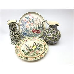  Yorkshire Moorlands and Tranquiline pottery floral pattern spongeware shallow bowls, jugs and plates D38.5cm max (5)  