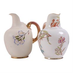 Five Royal Worcester Blush Ivory jugs, comprising one shape 1085 example with bamboo handle, one shape 1376 example with floral decoration and gilt handle and three shape 1094 examples, each decorated with floral sprigs, with printed marks beneath, tallest H14cm
