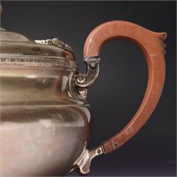 Silver circular teapot with stained wood handle and lift Birmingham 1933 Maker Adie Bros. Ltd