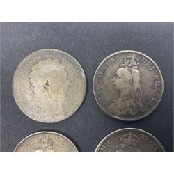 Queen Victoria 1889 silver crown coin, two double florins dated 1887, 1890 and a George III crown with illegible date (4)