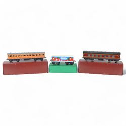 Three 0 gauge coaches, comprising an ACE Trains tin-printed All Third coach in LMS maroon livery, an ACE Trains tin-printed EMU MET 1st coach and a 'neverwazza' goods wagon, painted in Cadbury's Roses livery